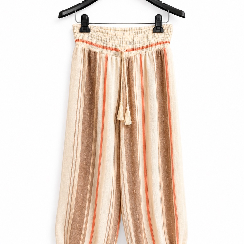 Women's Cream Striped Ankle Pants with Tassel Tie